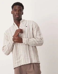 Abercrombie & Fitch Icon Logo Stripe Linen Shirt Relaxed Fit In Tan For Men -Abercrombie and Fitch Fashion Shop 206243339 1 tan 1