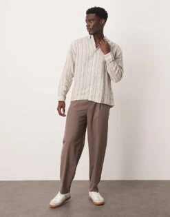 Abercrombie & Fitch Icon Logo Stripe Linen Shirt Relaxed Fit In Tan For Men -Abercrombie and Fitch Fashion Shop 206243339 3