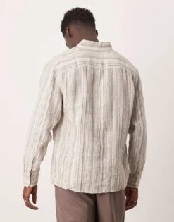 Abercrombie & Fitch Icon Logo Stripe Linen Shirt Relaxed Fit In Tan For Men -Abercrombie and Fitch Fashion Shop 206243339 4