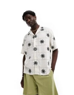 Abercrombie & Fitch Square Embroided Linen Blend Short Sleeve Shirt Relaxed Fit In White For Men -Abercrombie and Fitch Fashion Shop 206243586 1 white 1