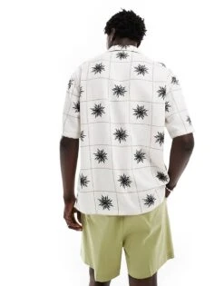 Abercrombie & Fitch Square Embroided Linen Blend Short Sleeve Shirt Relaxed Fit In White For Men -Abercrombie and Fitch Fashion Shop 206243586 3