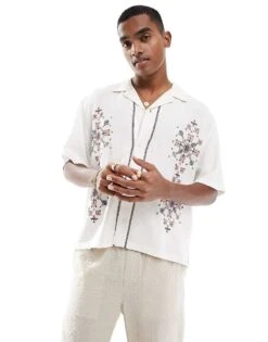 Abercrombie & Fitch Embroidered Short Sleeve Linen Blend Shirt In White For Men White Embroid -Abercrombie and Fitch Fashion Shop 206243659 1 whiteembroid 1