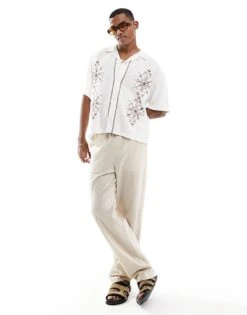 Abercrombie & Fitch Embroidered Short Sleeve Linen Blend Shirt In White For Men White Embroid -Abercrombie and Fitch Fashion Shop 206243659 3
