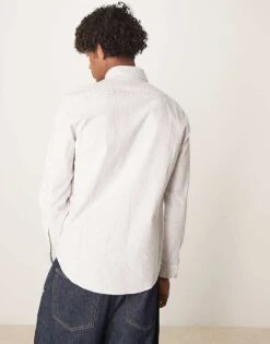 Abercrombie & Fitch Icon Logo Linen Stripe Oxford Shirt In Tan/grey For Men White/grey -Abercrombie and Fitch Fashion Shop 206243921 4