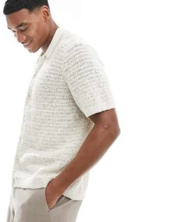 Abercrombie & Fitch Crochet Knit Short Sleeve Polo Shirt In Cream For Men -Abercrombie and Fitch Fashion Shop 206244035 1 cream 1