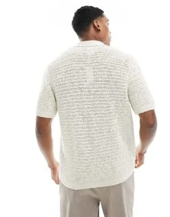 Abercrombie & Fitch Crochet Knit Short Sleeve Polo Shirt In Cream For Men -Abercrombie and Fitch Fashion Shop 206244035 4