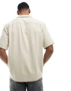 Abercrombie & Fitch Linen Blend Stitch Edge Short Sleeve Shirt Relaxed Fit In Beige For Men Natural -Abercrombie and Fitch Fashion Shop 206244069 4