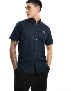 Abercrombie & Fitch Icon Logo Short Sleeve Oxford Shirt In Navy For Men -Abercrombie and Fitch Fashion Shop 206244171 1 navy 1