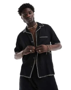 Abercrombie & Fitch Short Sleeve Revere Collar Edge Stitching Line Shirt Relaxed Fit In Black Co-ord -Abercrombie and Fitch Fashion Shop 206575415 1 black 1