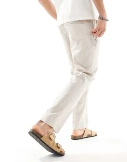 Abercrombie & Fitch Pull On Linen Blend Pleated Loose Fit Trousers In Beige For Men -Abercrombie and Fitch Fashion Shop 206575430 3