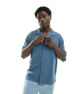 Abercrombie & Fitch Short Sleeve Revere Collar Linen Blend Shirt Relaxed Fit In Mid Blue For Men -Abercrombie and Fitch Fashion Shop 206575446 1 midblue 1