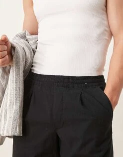 Abercrombie & Fitch Pull On Linen Pleated Loose Fit Trousers In Black For Men -Abercrombie and Fitch Fashion Shop 206654523 3