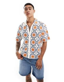 Abercrombie & Fitch Buttonthrough Circle Summer Crochet Knit Polo In Cream For Men -Abercrombie and Fitch Fashion Shop 206654624 1 cream 1