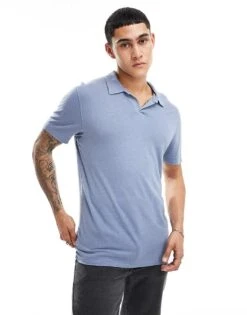 Abercrombie & Fitch Slub Linen Open Collar Polo In Light Blue For Men -Abercrombie and Fitch Fashion Shop 206654655 1 lightblue 1