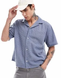 Abercrombie & Fitch Short Sleeve Cropped Oversized Little Lace Shirt In Light Blue For Men
