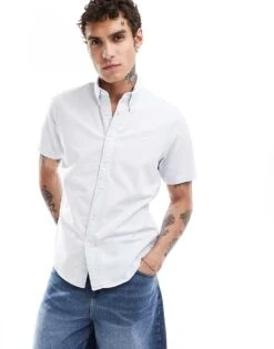 Abercrombie & Fitch Short Sleeve Elevated Icon Logo Oxford Shirt In Light Blue For Men -Abercrombie and Fitch Fashion Shop 206654705 1 lightblue 1