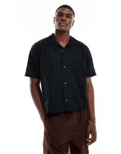 Abercrombie & Fitch Short Sleeve Cropped Oversized Little Lace Shirt In Black For Men -Abercrombie and Fitch Fashion Shop 206654753 1 black 1