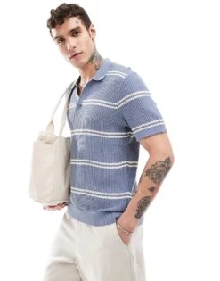 Abercrombie & Fitch Breezy Open Collar Stripe Knit Polo In Mid Grey For Men -Abercrombie and Fitch Fashion Shop 206654776 1 midgrey 1