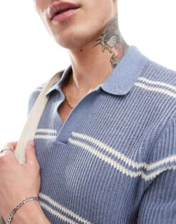 Abercrombie & Fitch Breezy Open Collar Stripe Knit Polo In Mid Grey For Men -Abercrombie and Fitch Fashion Shop 206654776 3