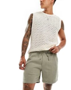 Abercrombie & Fitch 6inch Pull On Drawstring Linen Garment Dyed Shorts In Mid Green For Men Dried Sage