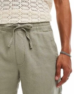 Abercrombie & Fitch 6inch Pull On Drawstring Linen Garment Dyed Shorts In Mid Green For Men Dried Sage -Abercrombie and Fitch Fashion Shop 206654888 3