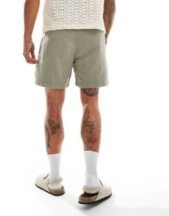 Abercrombie & Fitch 6inch Pull On Drawstring Linen Garment Dyed Shorts In Mid Green For Men Dried Sage -Abercrombie and Fitch Fashion Shop 206654888 4