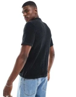 Abercrombie & Fitch Buttonthrough Crochet Knit Polo In Black For Men -Abercrombie and Fitch Fashion Shop 206654905 4