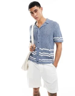 Abercrombie & Fitch Buttonthrough Open Stitch Stripe Knit Polo In Mid Blue/white For Men