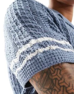 Abercrombie & Fitch Buttonthrough Open Stitch Stripe Knit Polo In Mid Blue/white For Men -Abercrombie and Fitch Fashion Shop 206654964 3