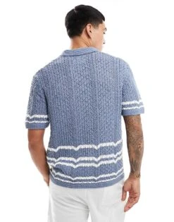 Abercrombie & Fitch Buttonthrough Open Stitch Stripe Knit Polo In Mid Blue/white For Men -Abercrombie and Fitch Fashion Shop 206654964 4