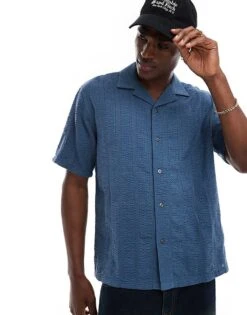 Abercrombie & Fitch Short Sleeve Seersucker Stripe Shirt Relaxed Fit In Mid Blue For Men -Abercrombie and Fitch Fashion Shop 206654965 1 midblue 1