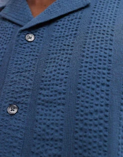 Abercrombie & Fitch Short Sleeve Seersucker Stripe Shirt Relaxed Fit In Mid Blue For Men -Abercrombie and Fitch Fashion Shop 206654965 3