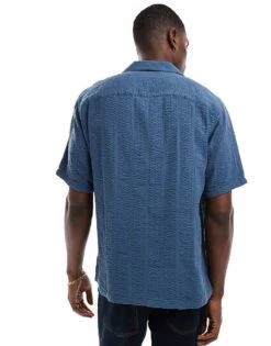 Abercrombie & Fitch Short Sleeve Seersucker Stripe Shirt Relaxed Fit In Mid Blue For Men -Abercrombie and Fitch Fashion Shop 206654965 4