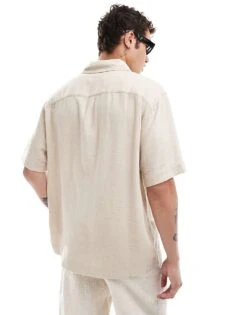 Abercrombie & Fitch Short Sleeve Overhead Flax Linen Blend Shirt In Beige For Men -Abercrombie and Fitch Fashion Shop 206655166 4