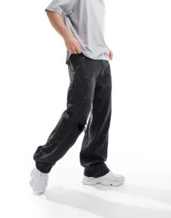 Abercrombie & Fitch Paint Splatter Baggy Fit Carpenter Jeans In Vintage Black For Men -Abercrombie and Fitch Fashion Shop 206655235 4