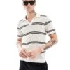 Abercrombie & Fitch Breezy Open Collar Stripe Knit Polo In Cream For Men