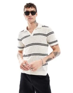 Abercrombie & Fitch Breezy Open Collar Stripe Knit Polo In Cream For Men