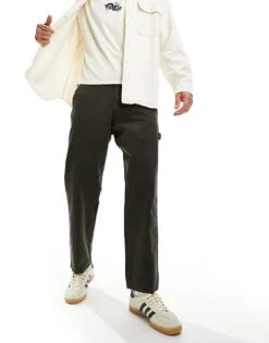 Abercrombie & Fitch Workwear Athletic Loose Fit Garment Dyed Trousers In Dark Green For Men -Abercrombie and Fitch Fashion Shop 206655369 5