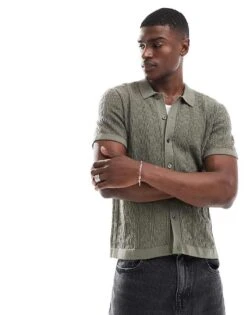 Abercrombie & Fitch Buttonthrough Bird Flower Embroid Knit Polo In Mid Green For Men Smokey Olive