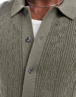 Abercrombie & Fitch Buttonthrough Bird Flower Embroid Knit Polo In Mid Green For Men Smokey Olive -Abercrombie and Fitch Fashion Shop 206655376 4