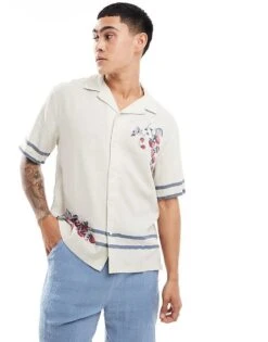 Abercrombie & Fitch Short Sleeve Fruit Embroidery Revere Collar Linen Shirt In Tan For Men -Abercrombie and Fitch Fashion Shop 206655385 1 tan 1