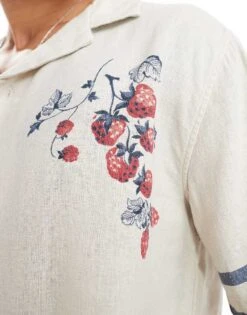 Abercrombie & Fitch Short Sleeve Fruit Embroidery Revere Collar Linen Shirt In Tan For Men -Abercrombie and Fitch Fashion Shop 206655385 3