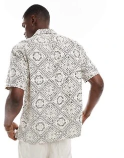 Abercrombie & Fitch Short Sleeve Pattern Embroid Linen Shirt In Tan For Men -Abercrombie and Fitch Fashion Shop 206655435 4