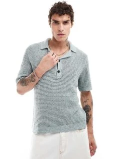 Abercrombie & Fitch 2 Button Revere Collar Resort Knit Polo In Grey/green For Men -Abercrombie and Fitch Fashion Shop 206655480 1 greygreen 1