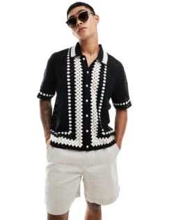 Abercrombie & Fitch Buttonthrough Border Stripe Crochet Knit Polo In Black For Men Black Border Stripe -Abercrombie and Fitch Fashion Shop 206655506 1 blackborderstripe 1