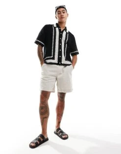 Abercrombie & Fitch Buttonthrough Border Stripe Crochet Knit Polo In Black For Men Black Border Stripe -Abercrombie and Fitch Fashion Shop 206655506 3