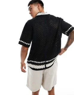 Abercrombie & Fitch Buttonthrough Border Stripe Crochet Knit Polo In Black For Men Black Border Stripe -Abercrombie and Fitch Fashion Shop 206655506 4