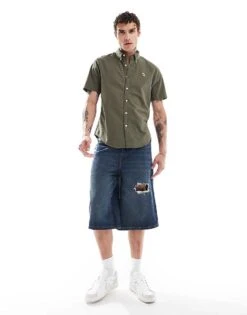 Abercrombie & Fitch Short Sleeve Elevated Icon Logo Oxford Shirt In Dark Green For Men -Abercrombie and Fitch Fashion Shop 206655576 4