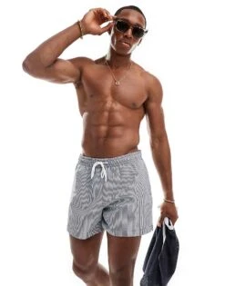 Abercrombie & Fitch 5inch Pull On Seersucker Stripe Swim Shorts In White/black For Men -Abercrombie and Fitch Fashion Shop 206655601 3