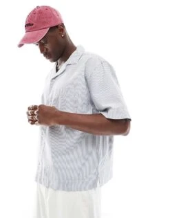 Abercrombie & Fitch Short Sleeve Workwear Railroad Stripe Twill Shirt In Grey For Men